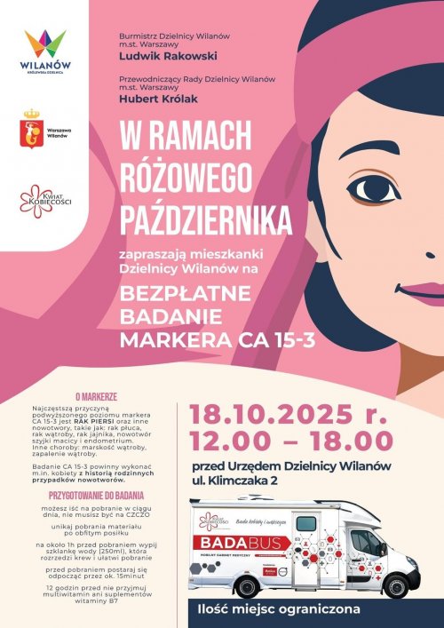 Bezpłatne badania markera CA 15-3 w Wilanowie w ramach Różowego Października